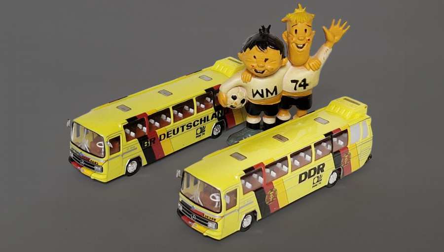 Football World Cup 1974 two yellow buses two football figures