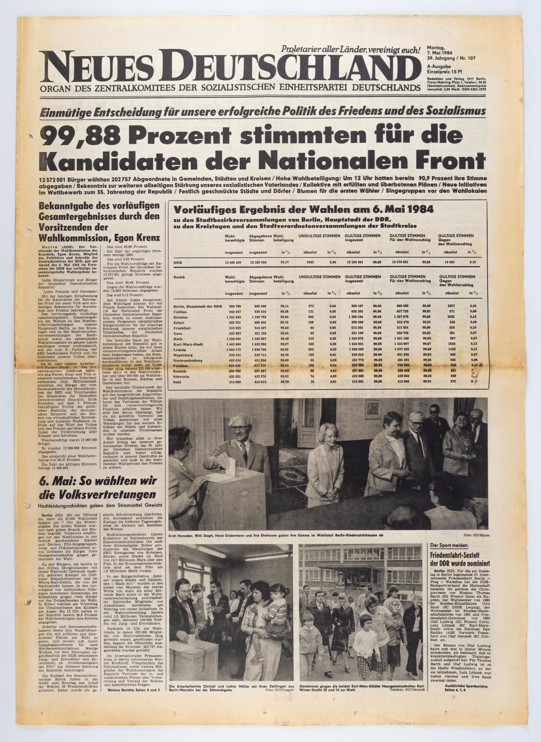 Zeitung 9988 Prozent Stimmen Für Die Kandidaten Der Nationalen Front